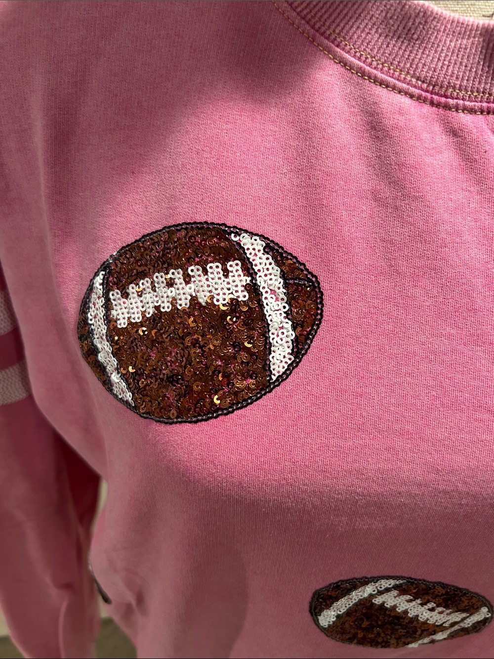 White Birch Super Soft Pink Sequin Football Crewneck Sweatshirt - Picture 2 of 6